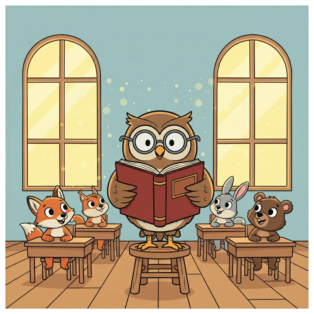 Professor Quill, a wise owl with spectacles perched on his beak, stood before a classroom filled with eager students. Sunlight streamed through the windows, illuminating dust motes dancing in the air. He clutched a well-worn book, ready to begin their poetic adventure.