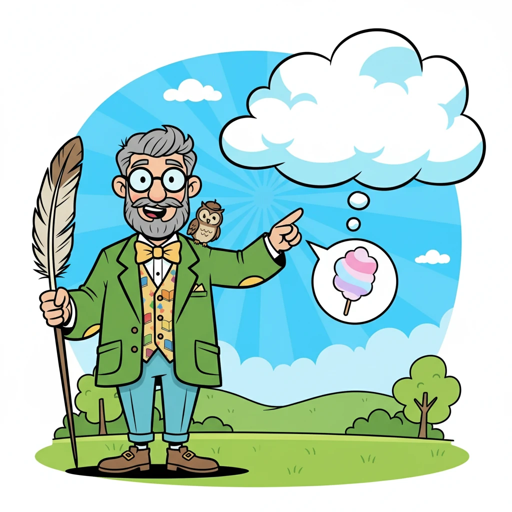 "Let's start with the simile," Professor Quill declared. He explained that a simile compares two things using 'like' or 'as'. He then showed them an illustration of a fluffy cloud described 'like cotton candy'.