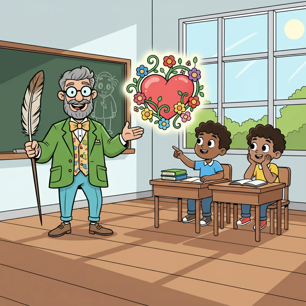 Next, Professor Quill introduced the metaphor. "A metaphor says one thing *is* another!" he explained. He pointed to an image of a heart, describing it as a 'garden of love'. The students' eyes widened with understanding.