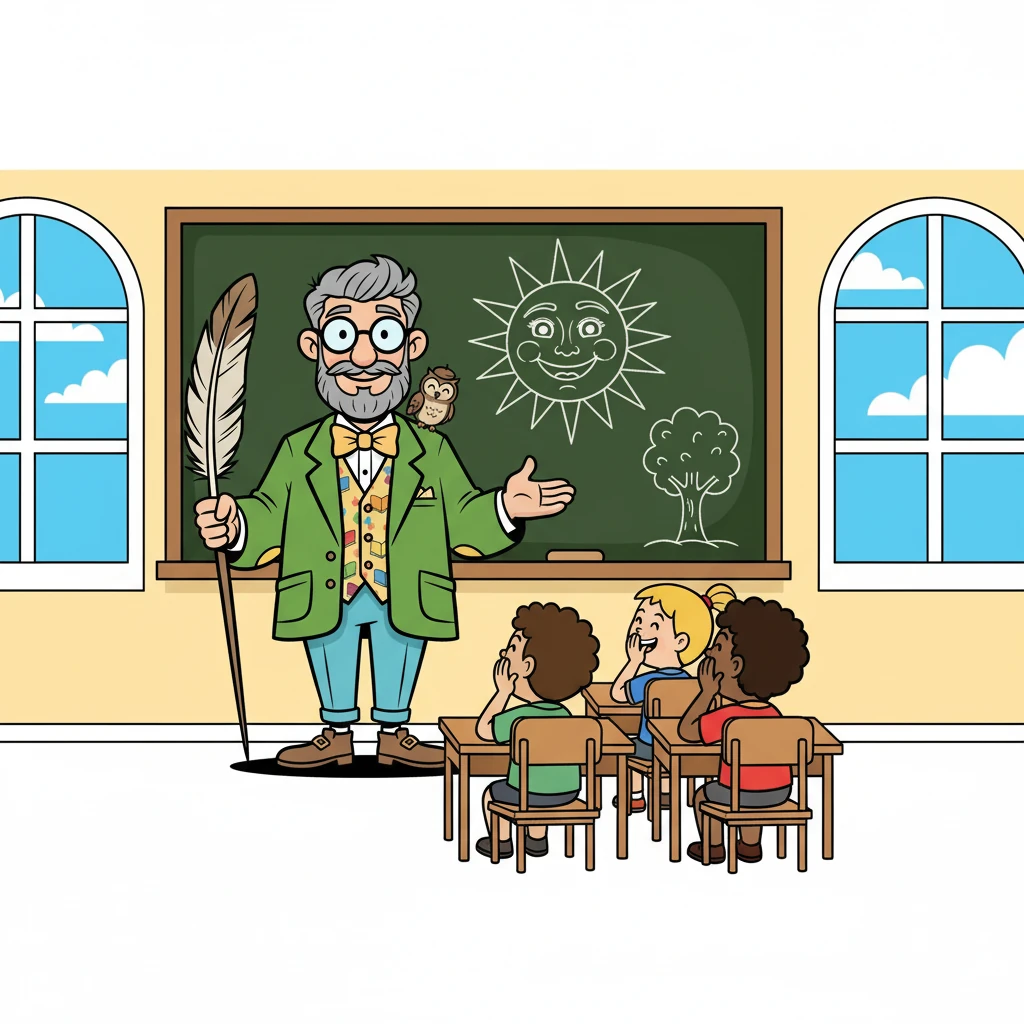 Diego, Senen, and Fernando, were particularly interested in personification. Professor Quill showed them a picture of a sun with a face, saying, "Personification gives human qualities to non-human things." The class was amused.