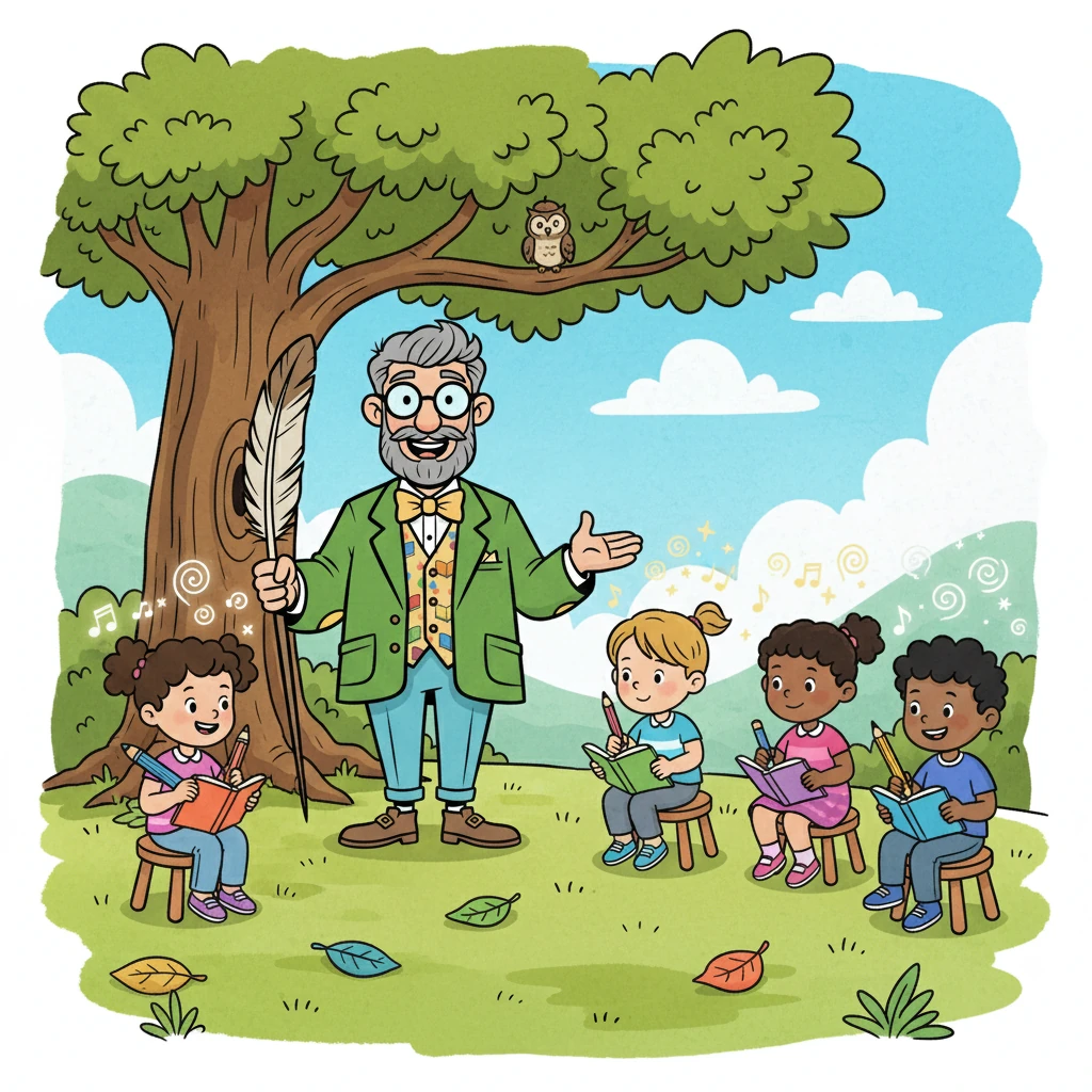 As the lesson concluded, Professor Quill smiled. "Remember, poetry is all about expressing yourselves!" He encouraged each student to write their own poem. The students began to write, their faces lit with inspiration.