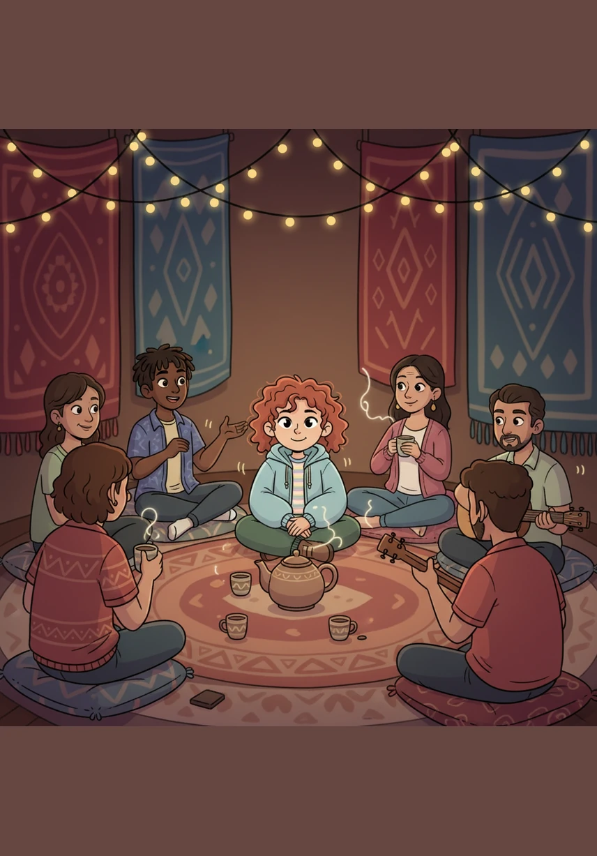 Maya joins a small community circle where people from all over the world gather to share stories. She sits among the strangers, realizing that everyone there is carrying their own bundle of hesitations and hopes.