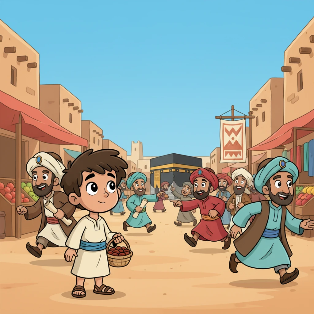 In the bustling city of Mecca, young Faris heard whispers of a great gathering. Men hurried through the marketplace, their voices filled with purpose and excitement. Something big was about to happen, and Faris's eyes twinkled with curiosity.