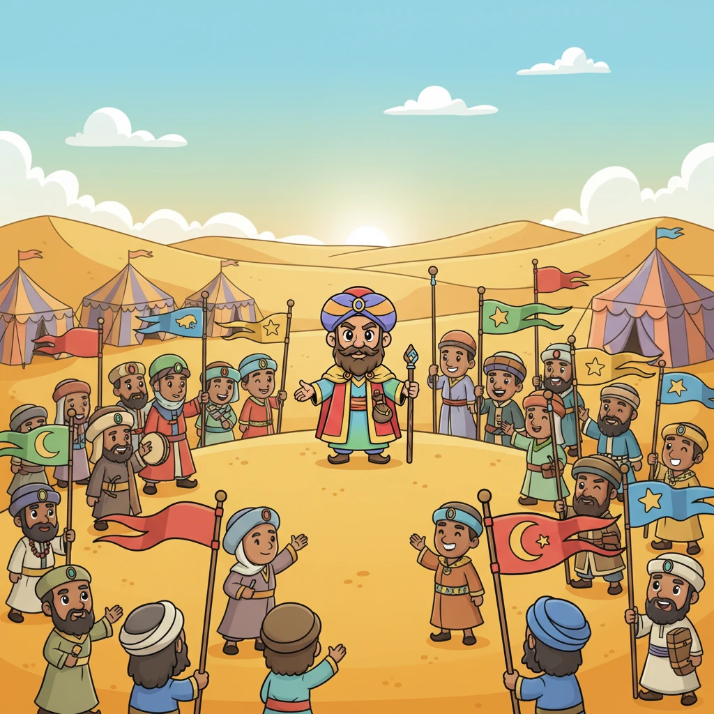 Soon, from every direction, came a vibrant parade of tribes. Their unique banners fluttered in the breeze, and their people arrived with cheerful greetings. The desert camp grew bigger and more colorful with each new arrival.