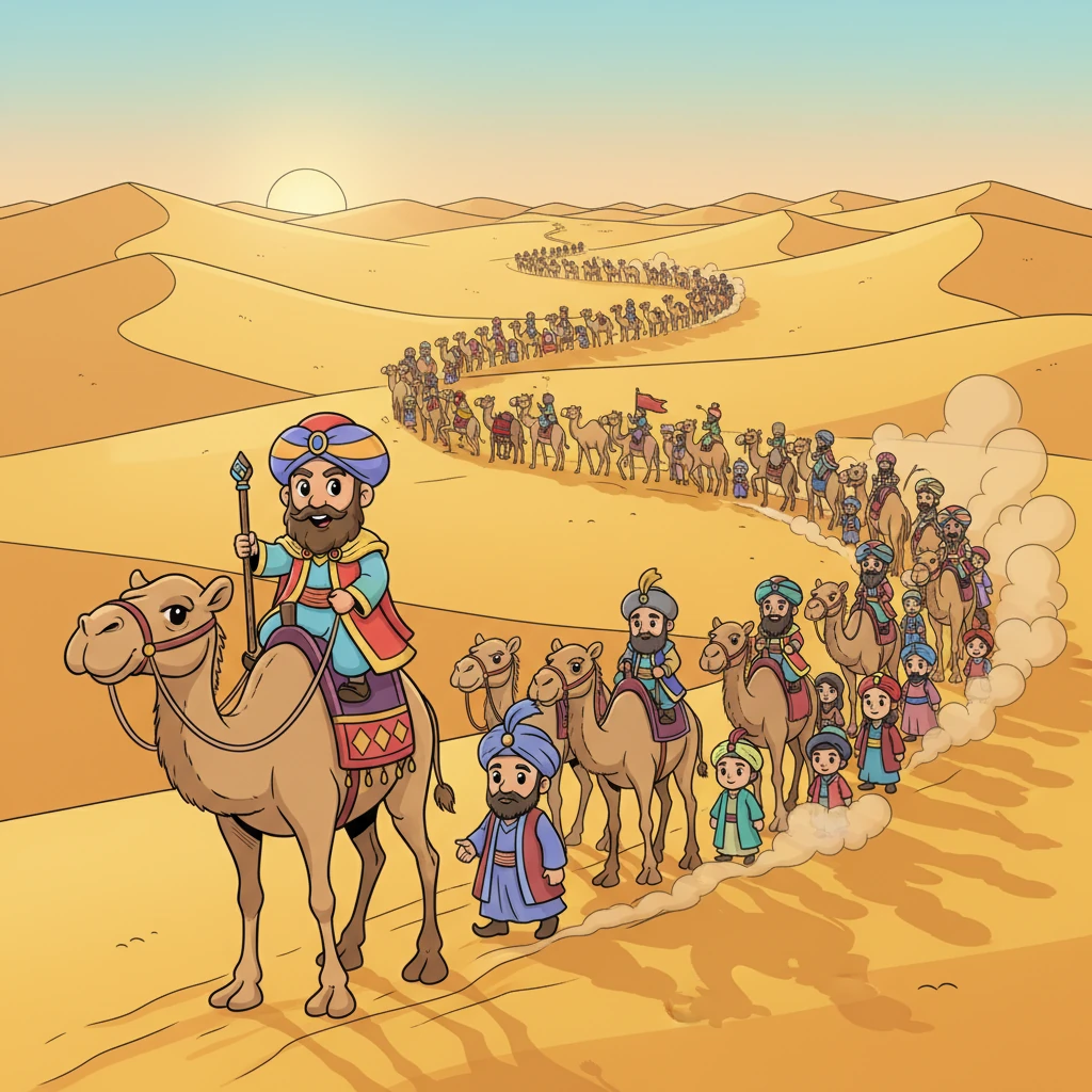 With the morning sun, the magnificent march began. A long, winding procession of camels, horses, and determined people stretched across the golden desert. Dust rose like a gentle cloud, marking their steady progress.