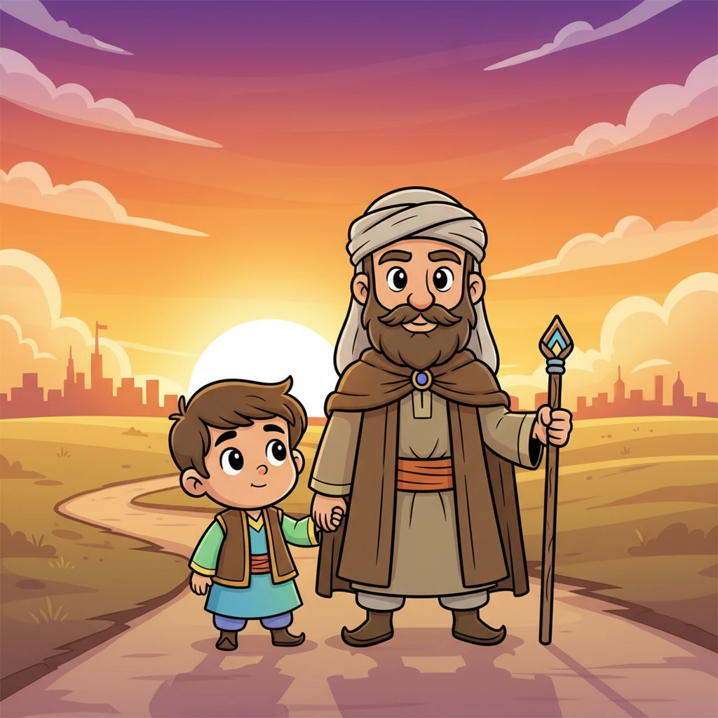 Young Faris gazed forward, a mix of wonder and quiet thought in his expressive eyes. The setting sun painted the sky in hues of orange and purple, lighting their path towards a new day and a grand quest. He knew this was a journey he would never forget.