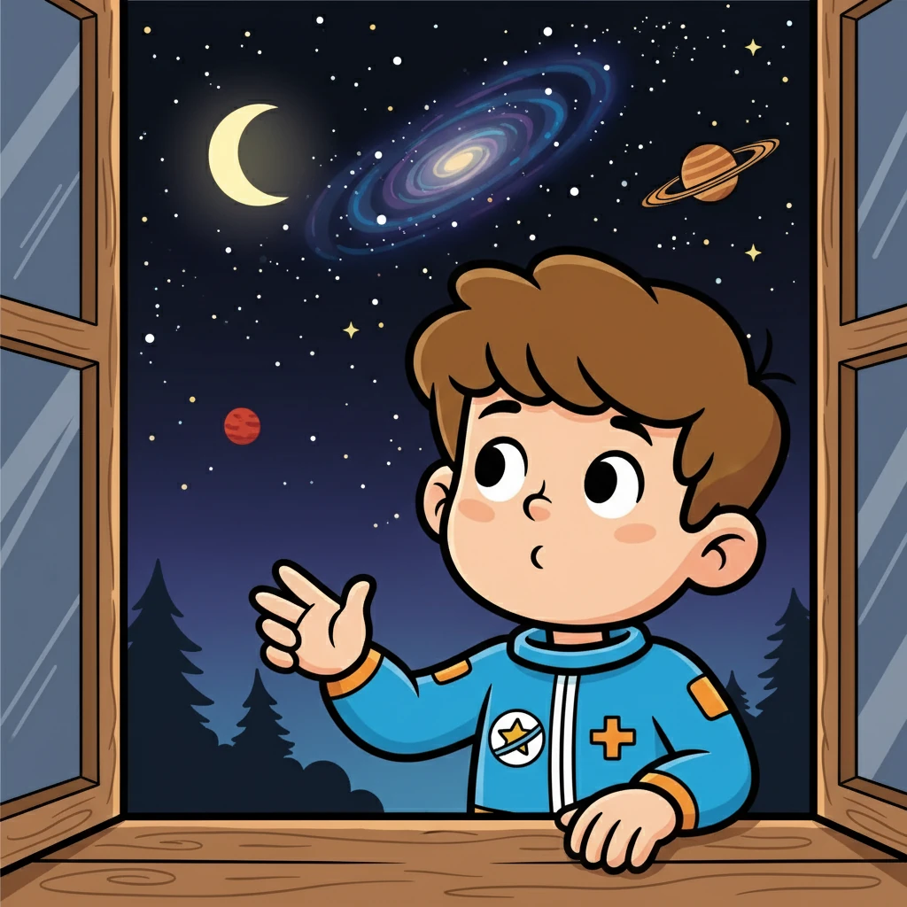 Samuel, um menino curioso, olhava para o céu estrelado em sua janela, maravilhado. Ele se perguntava sobre o que havia lá em cima, além das nuvens e da escuridão da noite. Ele sentia uma imensa vontade de conhecer os segredos do universo.