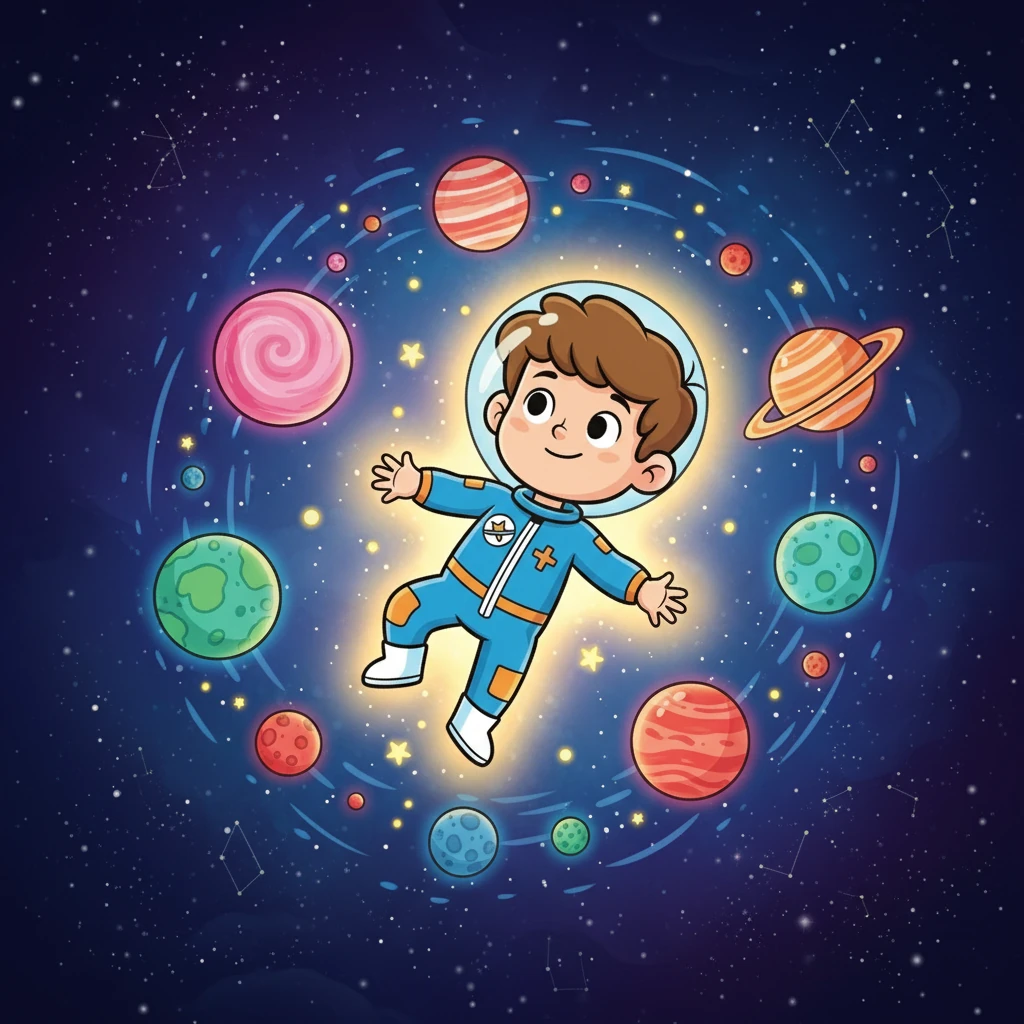 Então, uma luz brilhante envolveu Samuel, e ele se viu flutuando no espaço. Ao seu redor, planetas coloridos giravam em perfeita harmonia. Ele sentiu uma sensação de paz e admiração, percebendo que algo grandioso estava acontecendo.