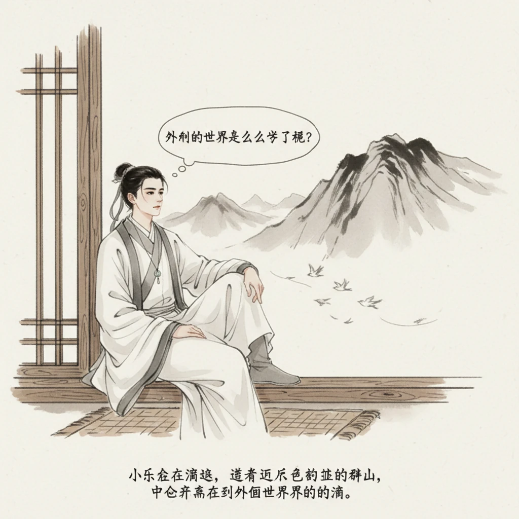 小乐坐在窗边,望着远方墨色勾勒的群山,心中充满了对外面世界的向往。窗外,几只飞鸟掠过,留下淡淡的墨痕,仿佛在呼唤他踏上旅途。