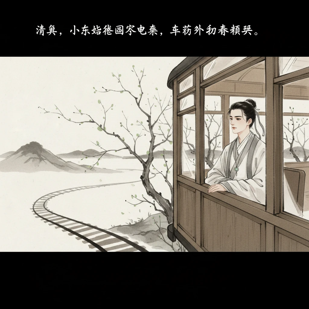 清晨,小乐搭乘四季电车,车窗外是初春新发的嫩芽,几笔淡绿点缀着枯枝,生机勃勃。电车缓缓驶过,留下蜿蜒的墨线,与远处的山峦融为一体。