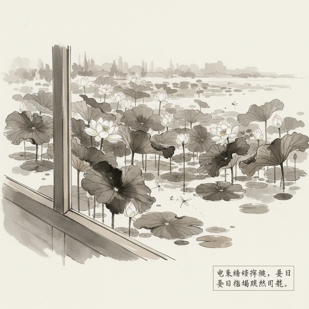 电车继续穿梭,夏日荷塘跃然眼前。浓淡相宜的墨色荷叶铺满水面,几朵白荷亭亭玉立,蜻蜓轻盈点水,构成一幅生动的夏日画卷。