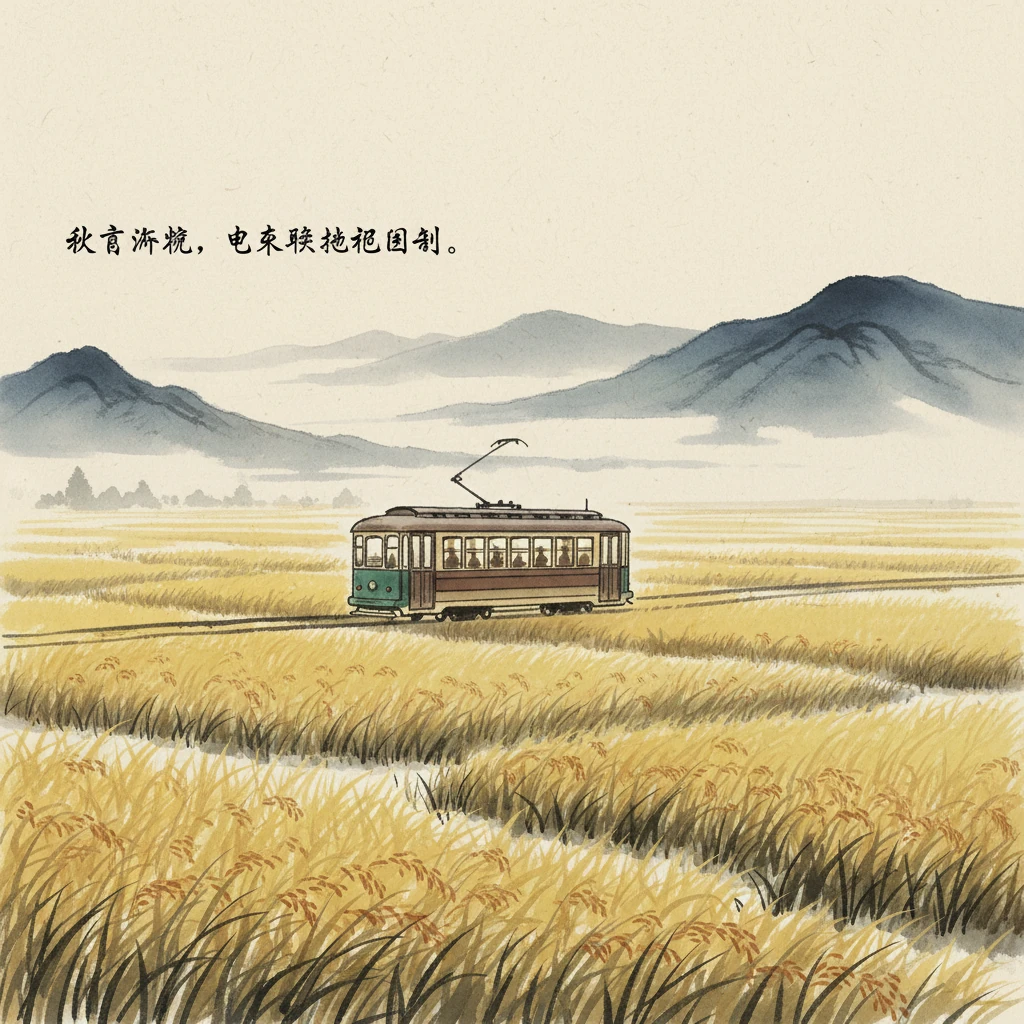 秋意渐浓,电车驶过金黄的稻田。连绵的稻浪在风中摇曳,远山如黛,近水含烟,电车如一道诗意的线条,穿梭于天地之间。