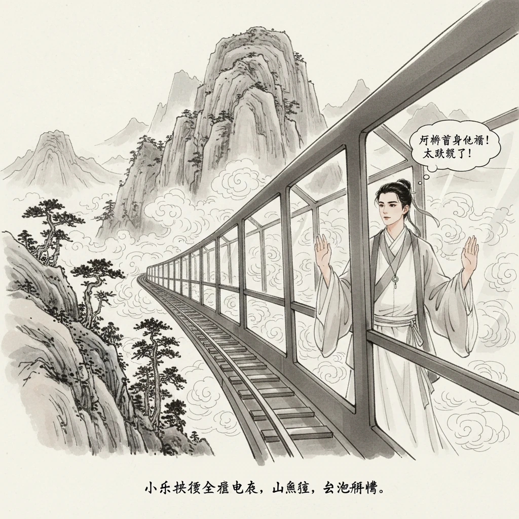 小乐换乘全景电车,眼前是雄伟的山峦,云海翻腾,气势磅礴。电车在山间蜿蜒而上,仿佛置身于仙境之中,令人心旷神怡。