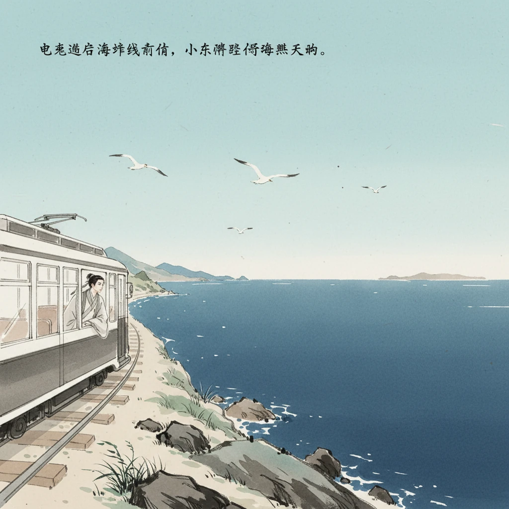 电车沿着海岸线前行,碧海蓝天一望无际,几只海鸥用飞白的笔触在空中盘旋。海风轻拂,带来大海的清新气息,小乐沉醉在这广阔的景色中。