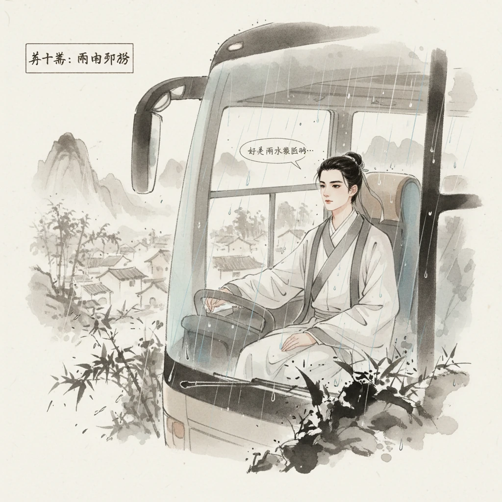 一个雨天,小乐乘坐大巴郊游。雨滴敲打着车窗,窗外世界变得模糊而神秘,仿佛一幅被雨水晕染开来的水墨画,充满朦胧之美。