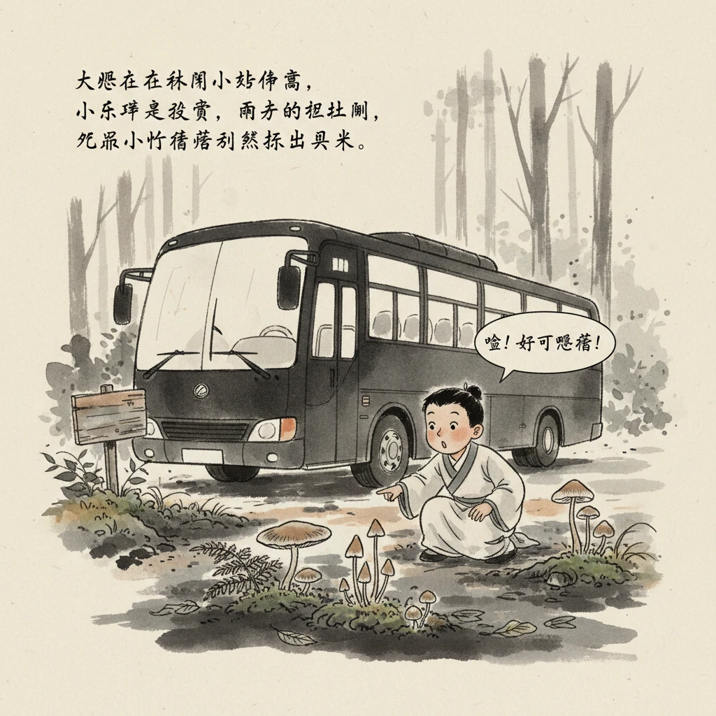 大巴在一个林间小站停靠,小乐惊喜地发现,雨后的泥土间,几朵小巧的蘑菇悄然探出头来。它们姿态各异,为寂静的森林增添了几分灵动。