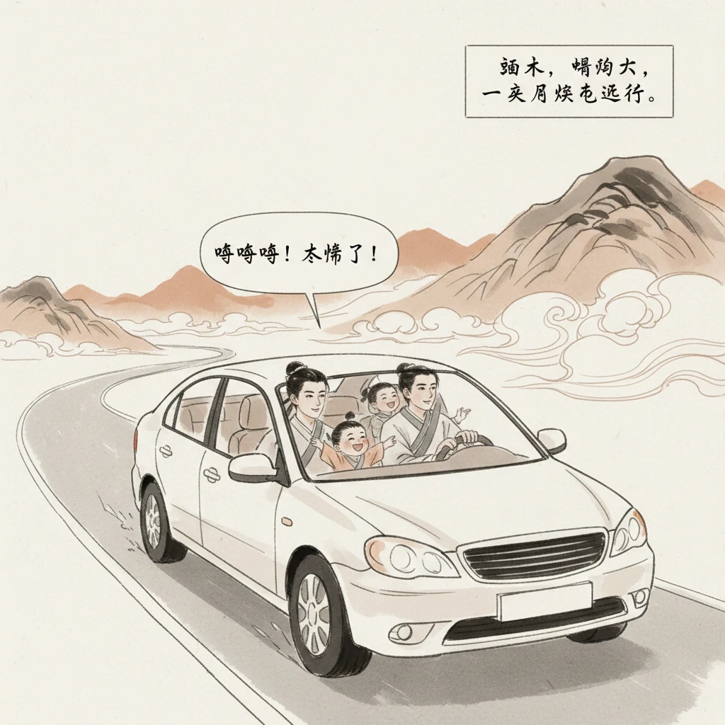 周末,一家人驾车出行,暖阳下驶向远方。车窗外,连绵的山峦和流动的云朵构成一幅温馨和谐的画面,欢声笑语在车厢内回荡。