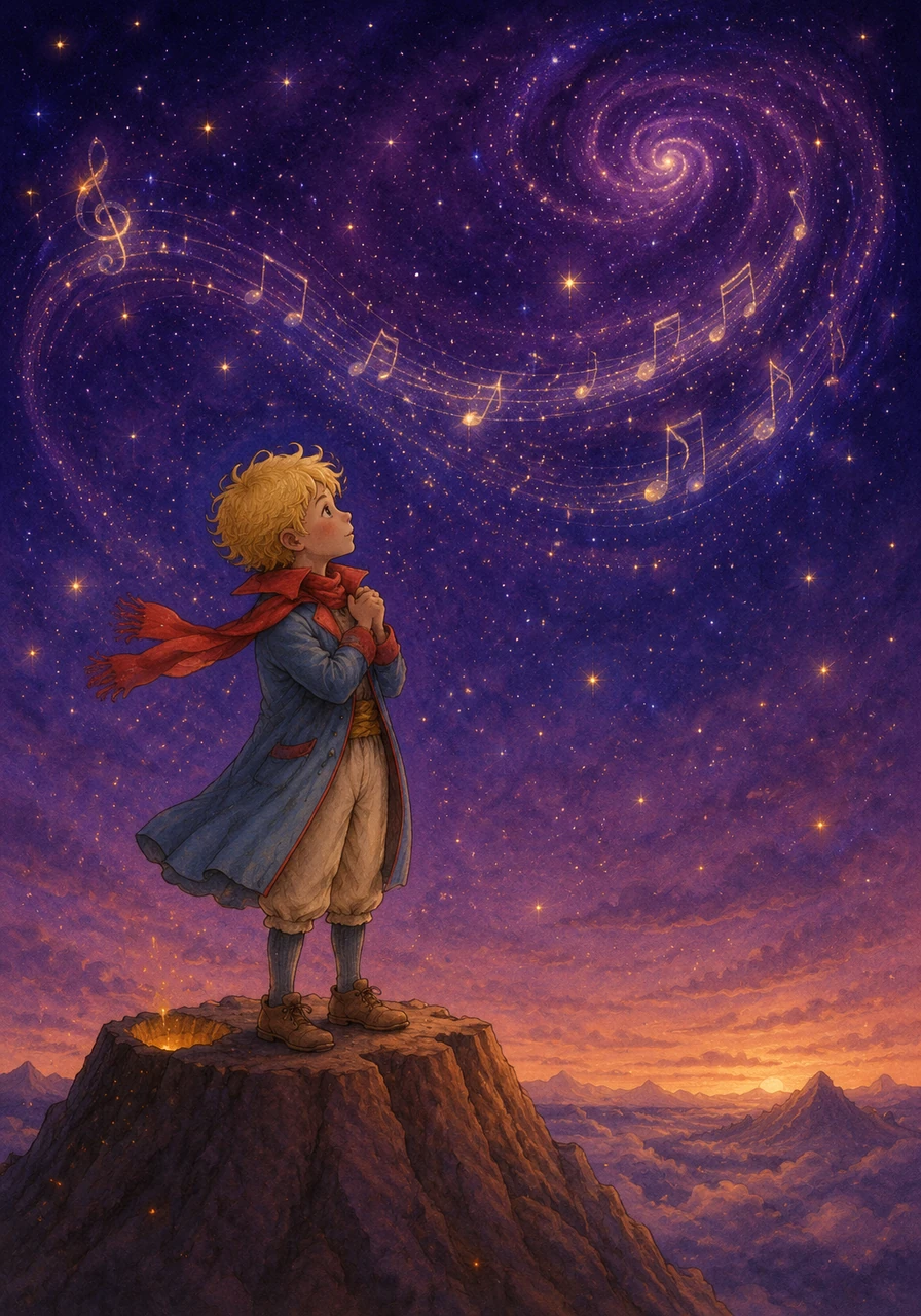 One evening, as the sky turned a deep shade of violet, a strange and beautiful melody echoed from the stars. The Little Prince stood atop his highest volcano, holding his red scarf tight against the cool night breeze as he listened to the music of the galaxy.