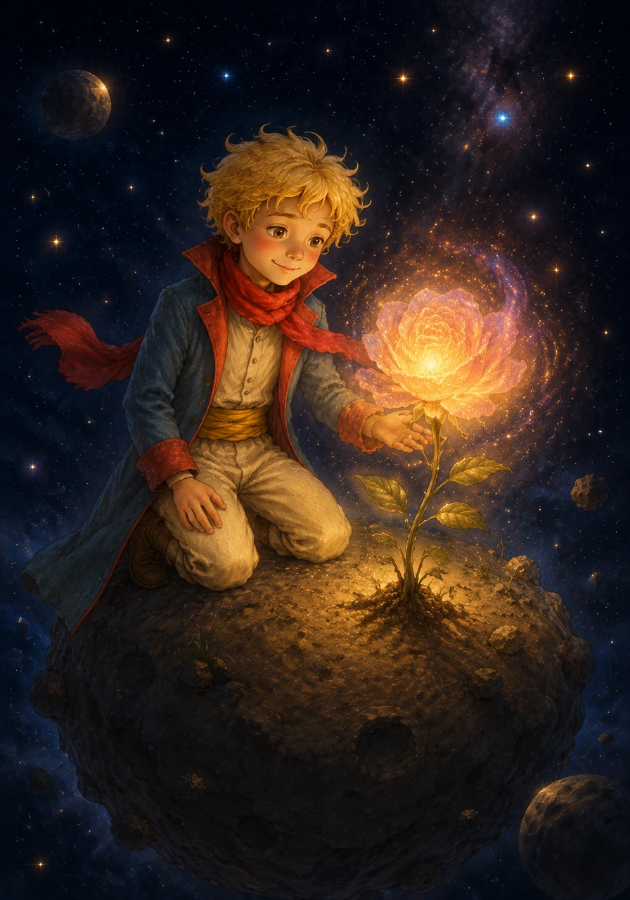Under his loving care, the golden sprout grew into a brilliant, glowing cosmic flower with petals that shimmered like distant nebulae. The Little Prince smiled warmly, realizing that his tiny asteroid was no longer a lonely place.