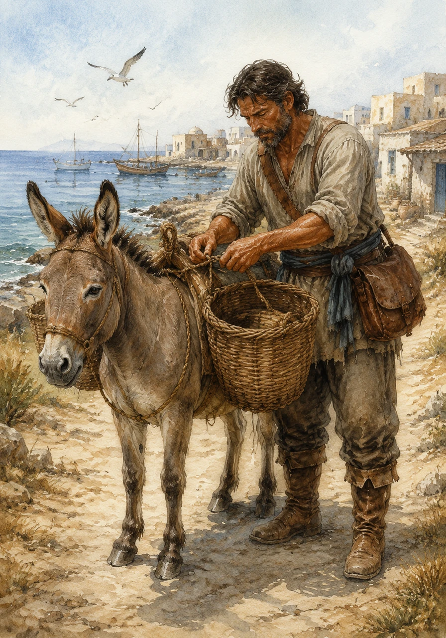 Elias, a hard-working merchant, lived in a small village near the sea. Every morning, he would prepare his faithful donkey, Barnaby, for their trip. Today, they were heading to the seashore to buy a large load of salt.