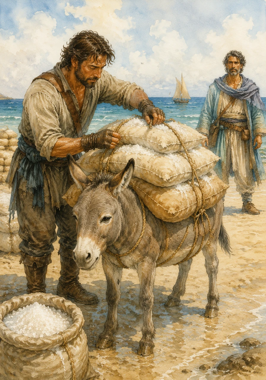 ly, they arrived at the seashore, where the merchant filled many large sacks with sparkling white salt. He stacked them high on Barnaby's strong back, securing them tightly with thick ropes.