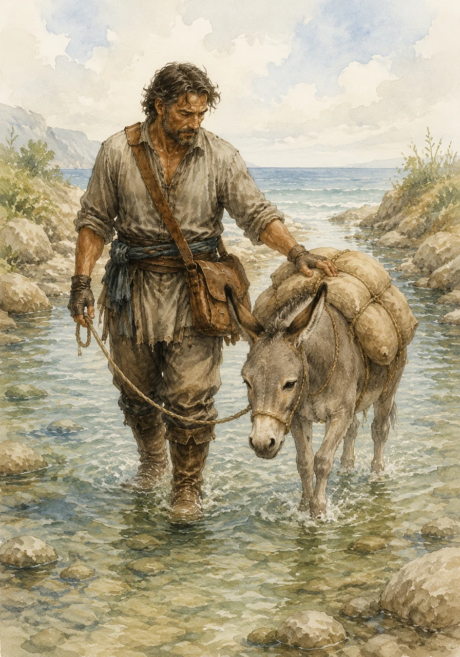 Their path led them to a shallow stream that flowed into the sea. Elias always helped Barnaby cross, guiding him carefully. Barnaby saw the cool, refreshing water and thought of nothing but relief.
