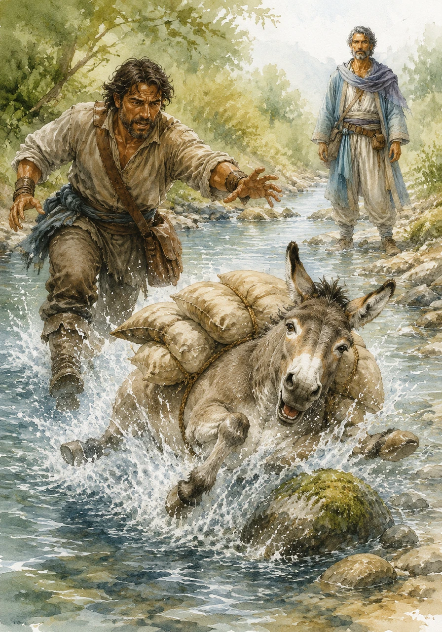 As he stepped into the water, Barnaby tripped on a smooth, moss-covered stone. He staggered and, before Elias could reach him, splash! The donkey fell sideways into the stream.