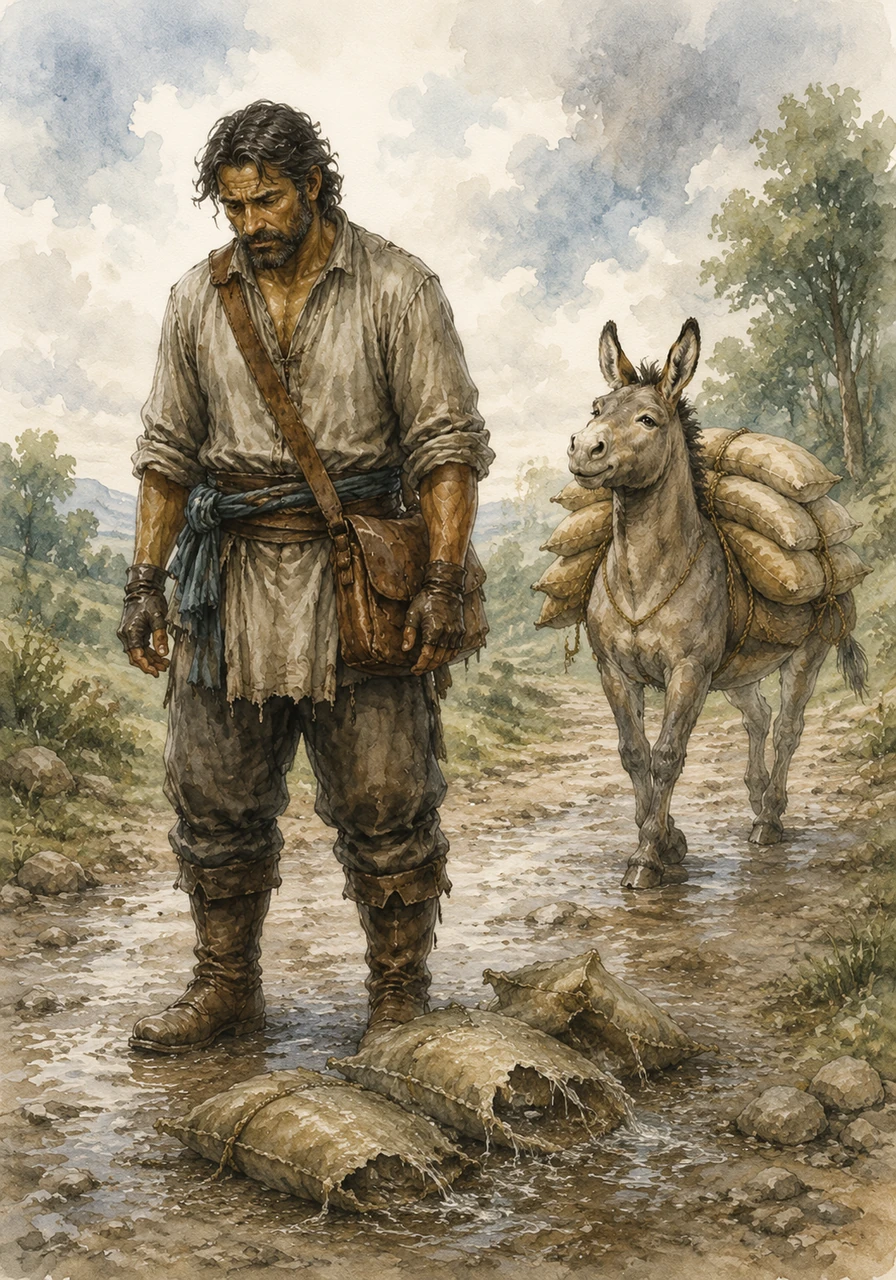 Elias saw what had happened and sighed. He had lost his whole morning's work and all the salt he had paid for. Barnaby, however, trotted along easily, feeling clever and very proud of himself.