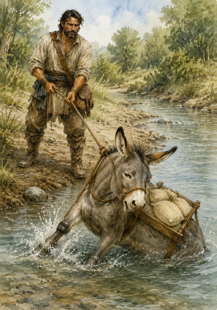 The next day, Elias loaded Barnaby's back with only half as much salt, hoping to avoid another accident. But when they reached the stream, Barnaby, still thinking of his clever trick, pretended to slip again.