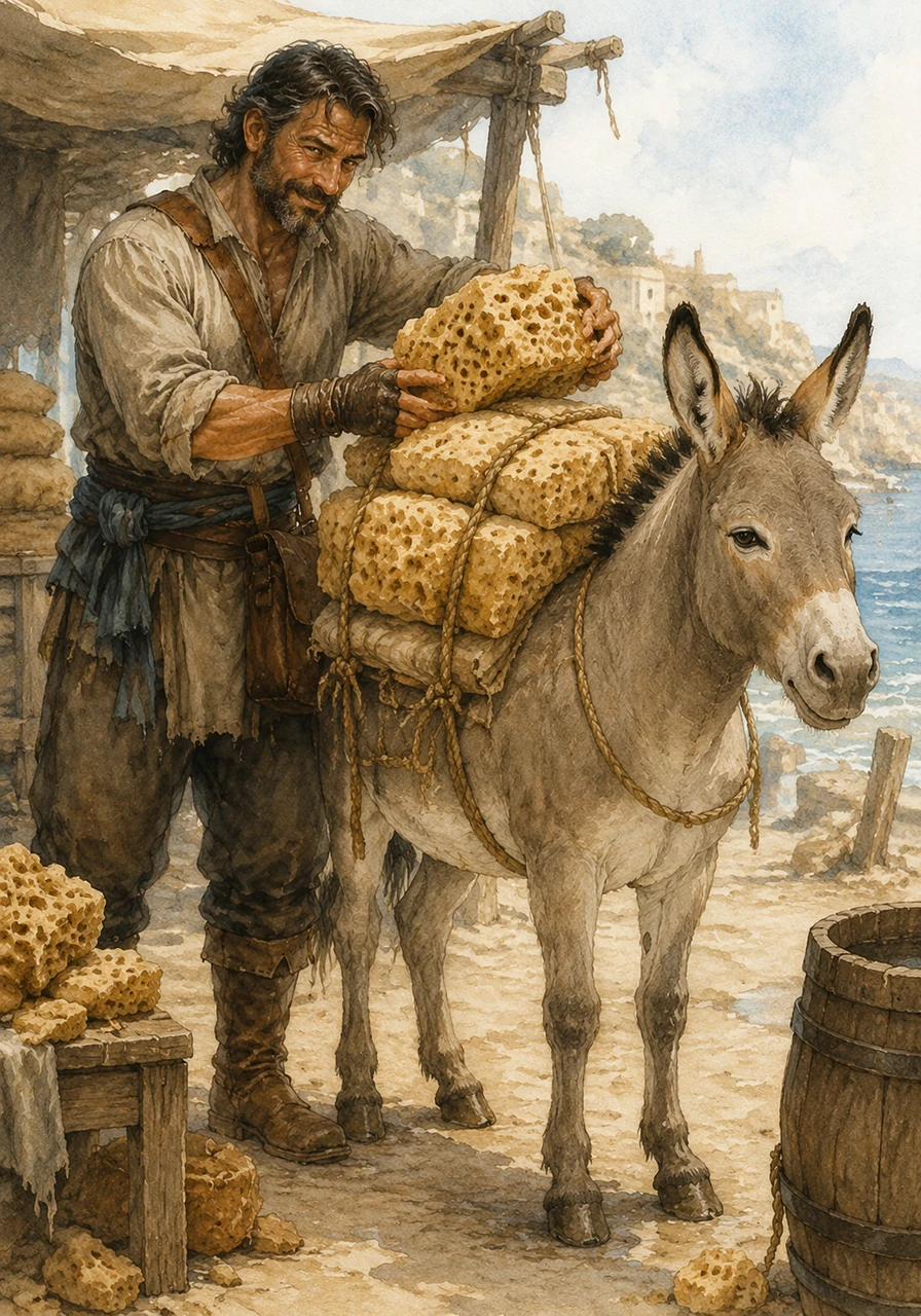 This time, Elias was watching closely. He had a different plan. 'Aha! You think you are clever, my friend?' he thought. Instead of salt, Elias decided to load Barnaby's back with large, dry sponges for the next trip, a heavy burden that would become even heavier when wet.