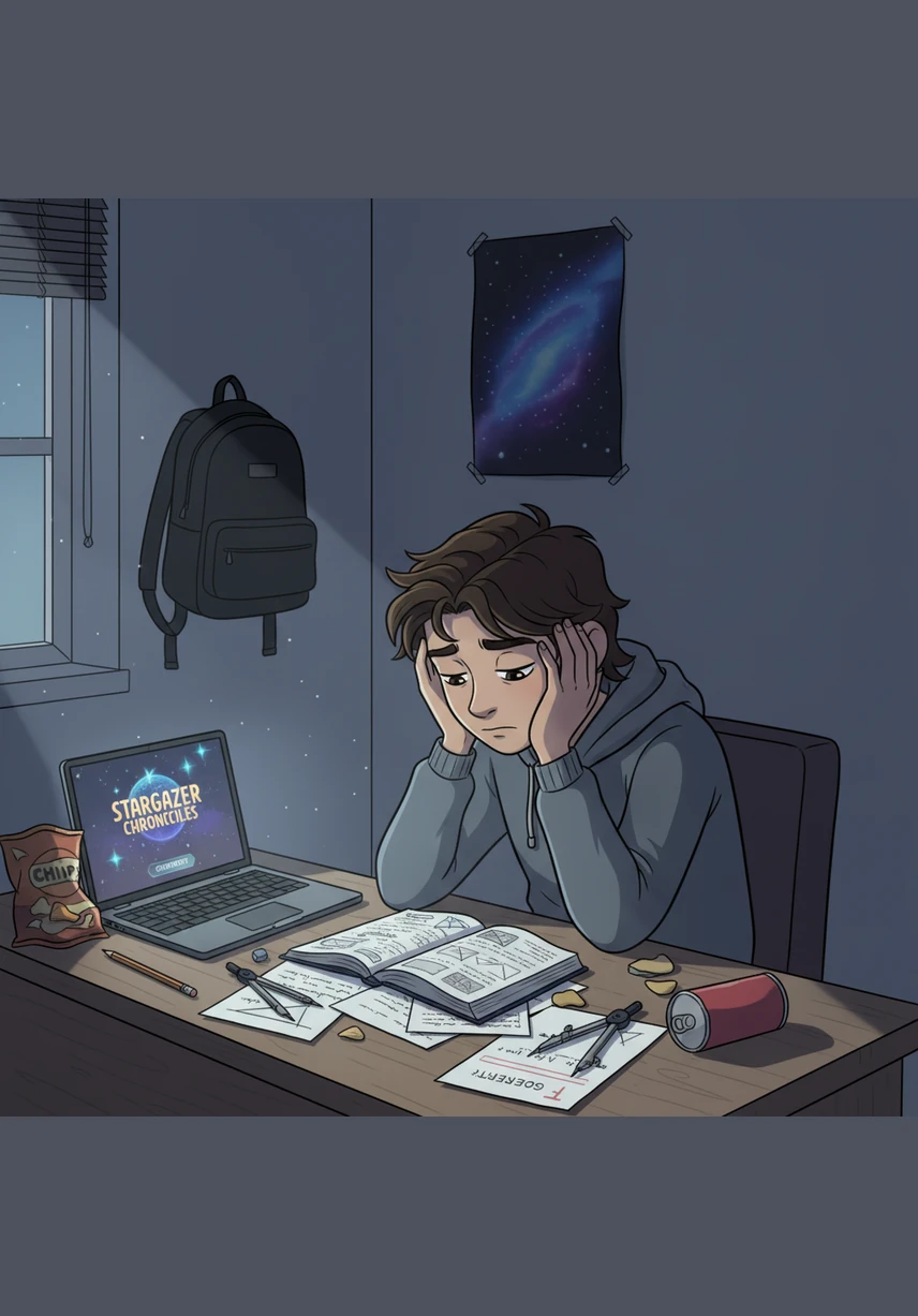 Leo sits at his cluttered desk, staring blankly at a mountain of 9th-grade textbooks as the weight of his personal worries makes the room feel small and dark. Outside the window, a storm reflects his internal struggle to find focus amidst the chaos of his home life.