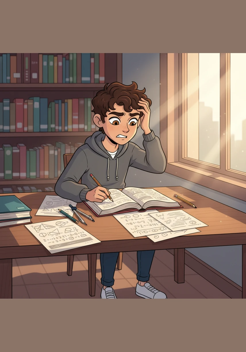 In the quiet corners of the school library, Leo meets Maya, an older student known for her calm confidence, who notices his frustration and pulls up a chair. She tells him that 9th grade is just a bridge, and she offers to help him build the blueprint he needs to cross it.