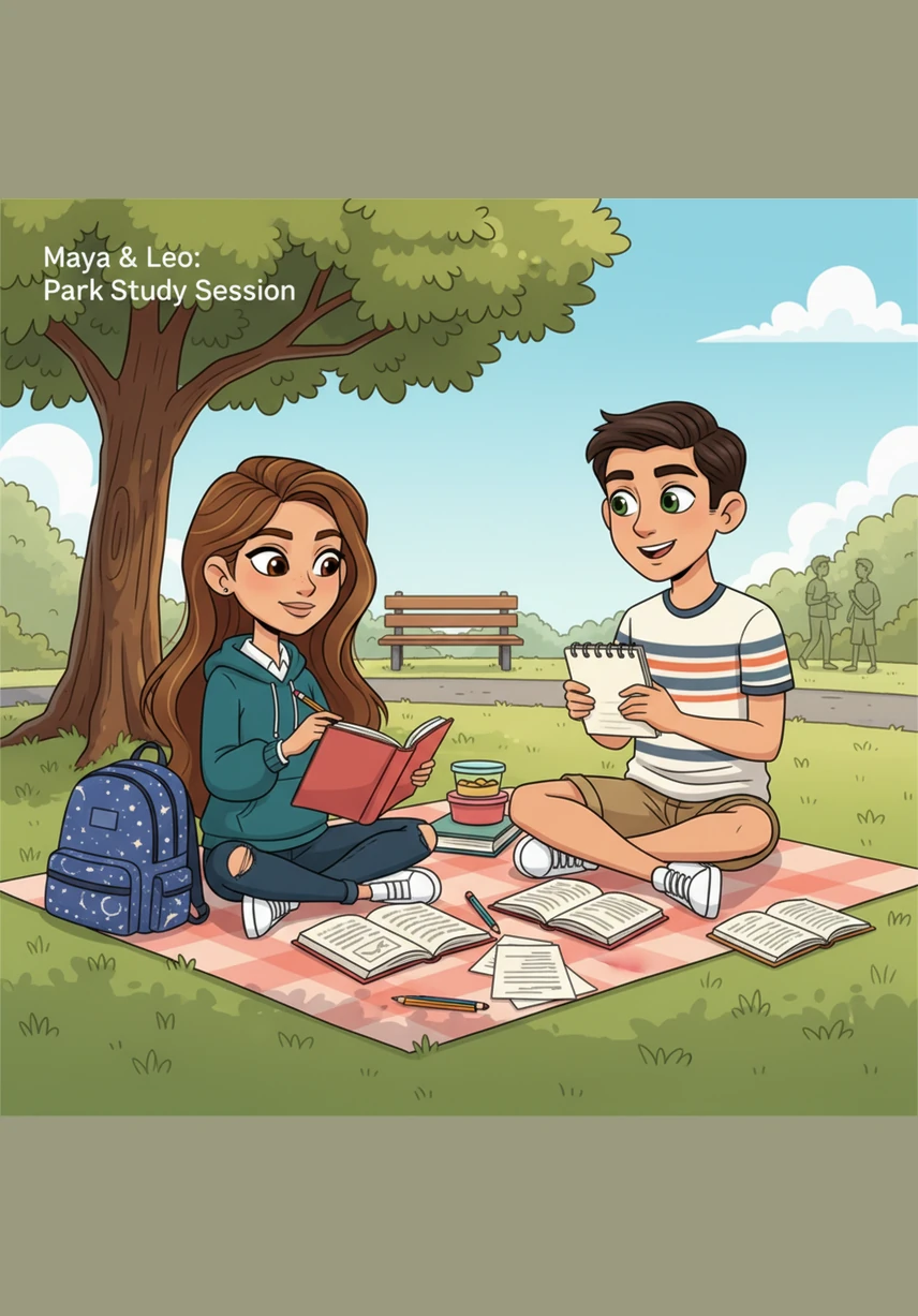 During a sunny afternoon in the park, Maya teaches Leo the secret of active recall, showing him how to quiz himself rather than just highlighting text. They turn his history notes into a challenging game, making the facts stick in his mind through engagement rather than repetition.