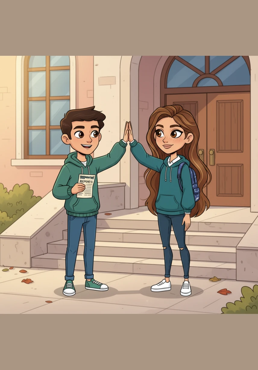 On the final day of school, the sun shines brightly as Leo stands on the courtyard steps, holding a report card that reflects his hard work and growth. Maya joins him for a celebratory high-five, both knowing that he has mastered the tools to succeed in any grade and any challenge life throws his way.
