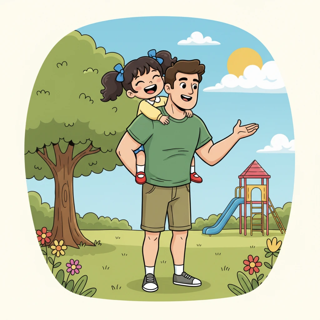 Mio papà si chiama Nicholas e ha 51 anni. È forte e ama raccontarmi storie divertenti. Mi porta spesso al parco.