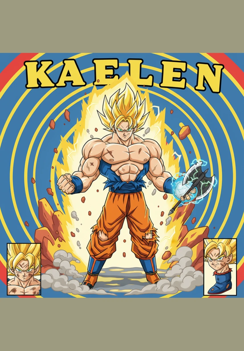 With a deep, guttural roar, Kaelen unleashes his latent power, his hair erupting upward into sharp, gravity-defying golden spikes. The ground beneath his heavy boots shatters into a thousand pieces as a brilliant aura of solar energy flares into existence around him.