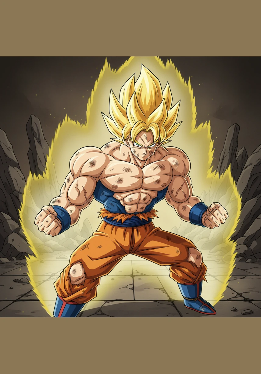 As the enemy approaches, Kaelen shifts into a low combat stance, his massive trapezius muscles and sculpted chest resembling carved granite under the cinematic lighting. The golden aura pulses rhythmically, casting warm highlights across his battle-worn skin and the deep shadows of the environment.