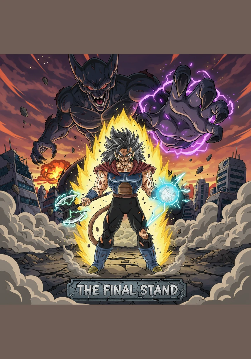 The impact of his final strike creates a blinding explosion of golden and blue light, silhouetting Kaelen’s powerful frame against the cosmic chaos. His resolve is unyielding, a veteran Saiyan who has survived decades of combat to protect the world he loves.