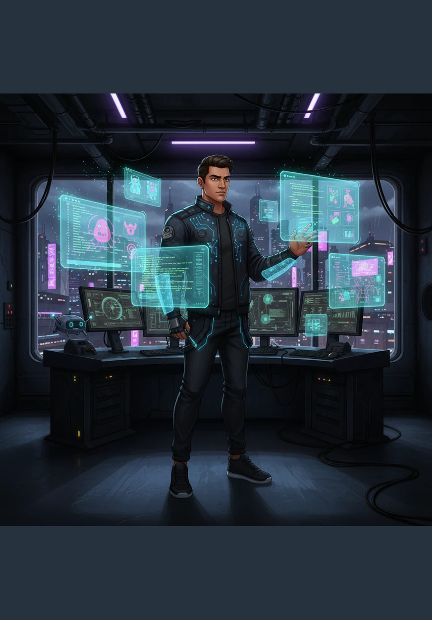 Arjun sits in a dark, obsidian-toned studio, his face illuminated by the soft glow of multiple monitors. He decides to push the boundaries of the web, envisioning a portfolio that transcends traditional design and enters the next level of interactivity.