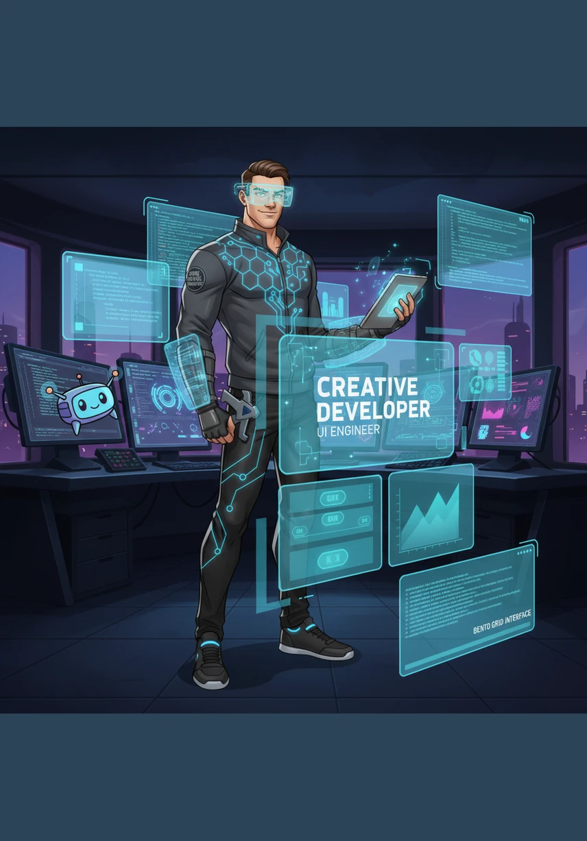 He designs a sleek Bento Grid to showcase his technical skills and professional experience. Each panel features a glassmorphic finish, with subtle blurred backgrounds and glowing neon cyan borders that pop against the deep dark canvas.