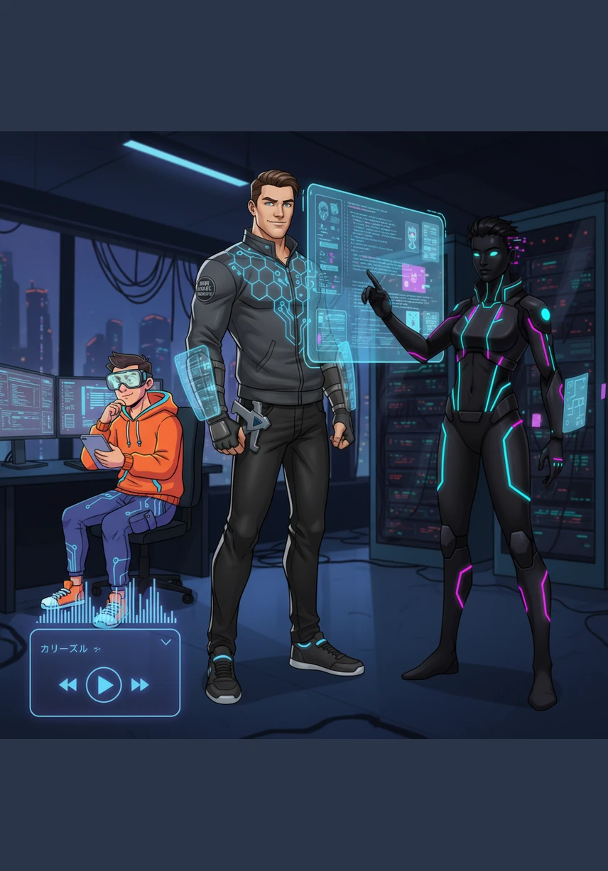 In the corner of the screen, a minimalist anime music player begins to play a lo-fi beat. A canvas-based visualizer pulses in sync with the audio, adding a relaxing atmospheric layer to the high-tech environment.