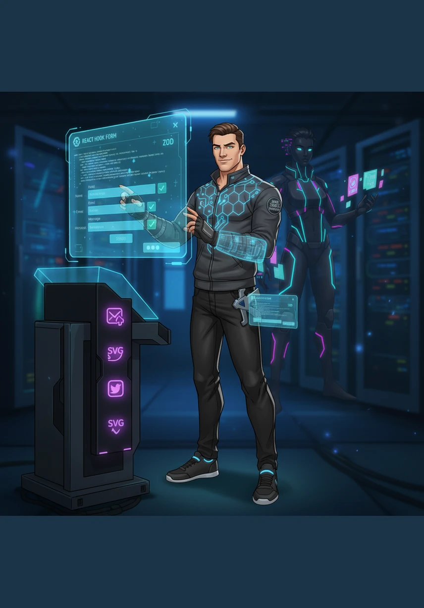 He integrates a high-performance contact system using React Hook Form and Zod for a seamless, validated user experience. A fixed side-dock with animated SVG icons keeps his social presence just a click away, glowing with a soft violet light.