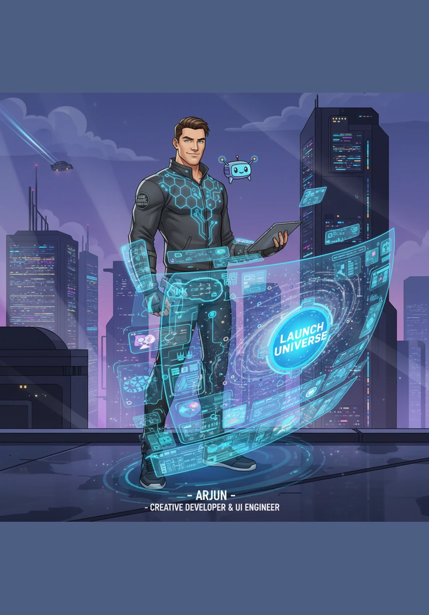 The final product is a high-end digital agency-style portfolio that achieves a perfect performance score. Arjun watches as his creation goes live, a neon-lit beacon of modern web engineering and creative vision that sets a new standard for the web.