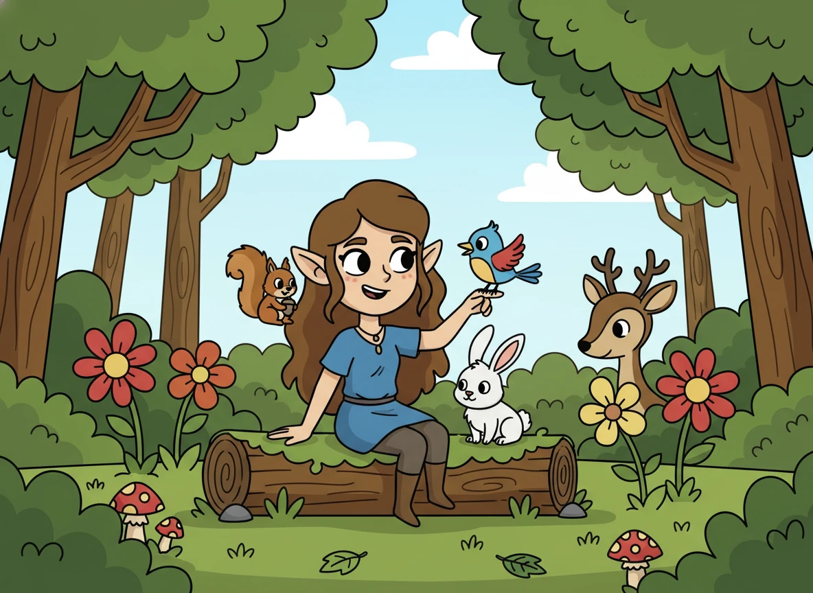 Amora, uma menina de cabelos castanhos e olhos curiosos, vivia em uma cabana aconchegante no coração da floresta. Ela adorava explorar a natureza, observando os pássaros, as árvores e as flores coloridas. Amora passava seus dias brincando com os animais da floresta, sempre em busca de novas aventuras.