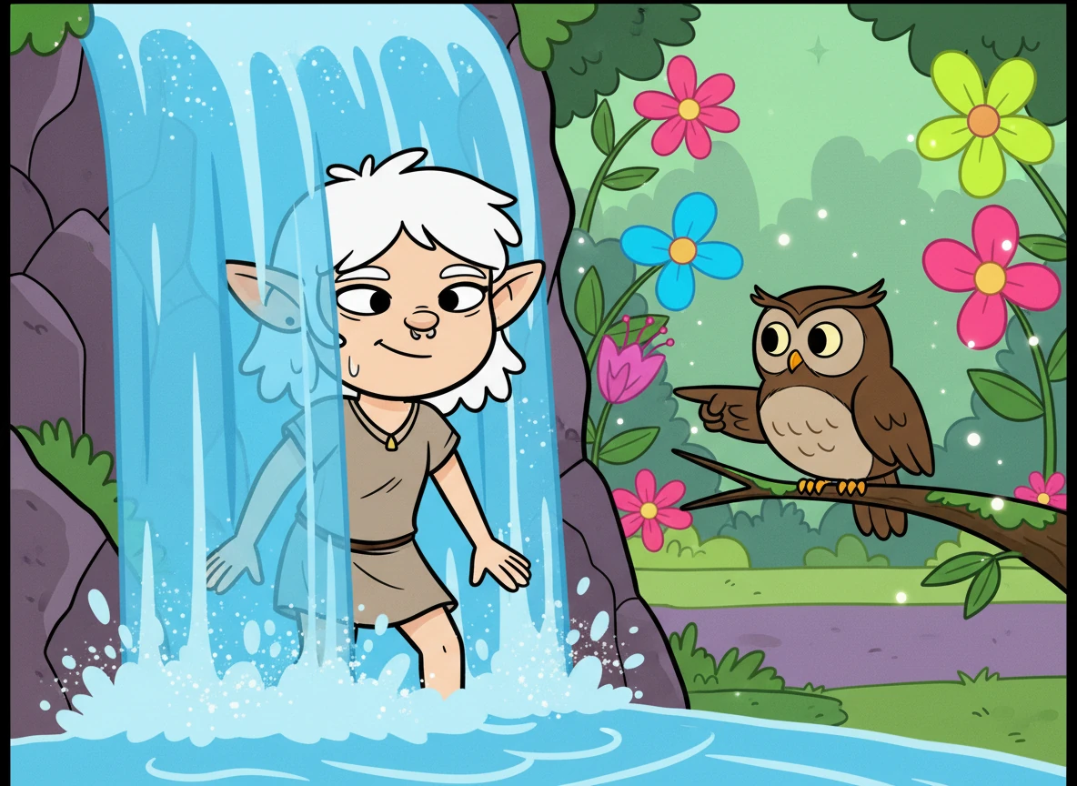 A coruja explicou que a erva mágica crescia em um jardim secreto, escondido atrás de uma cachoeira. Amora seguiu as instruções e encontrou a cachoeira. Com coragem, ela entrou na água fria e descobriu o jardim encantado cheio de flores brilhantes.