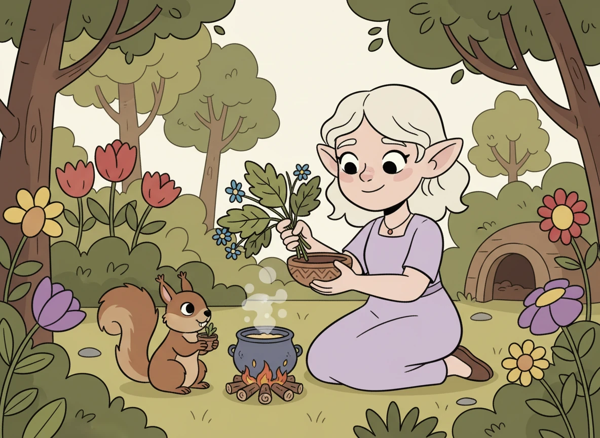 No jardim, Amora encontrou a erva que precisava e, com muito cuidado, a levou de volta ao esquilo. Ela preparou um remédio e cuidou dele com carinho. O esquilo se recuperou, e Amora e ele se tornaram grandes amigos.