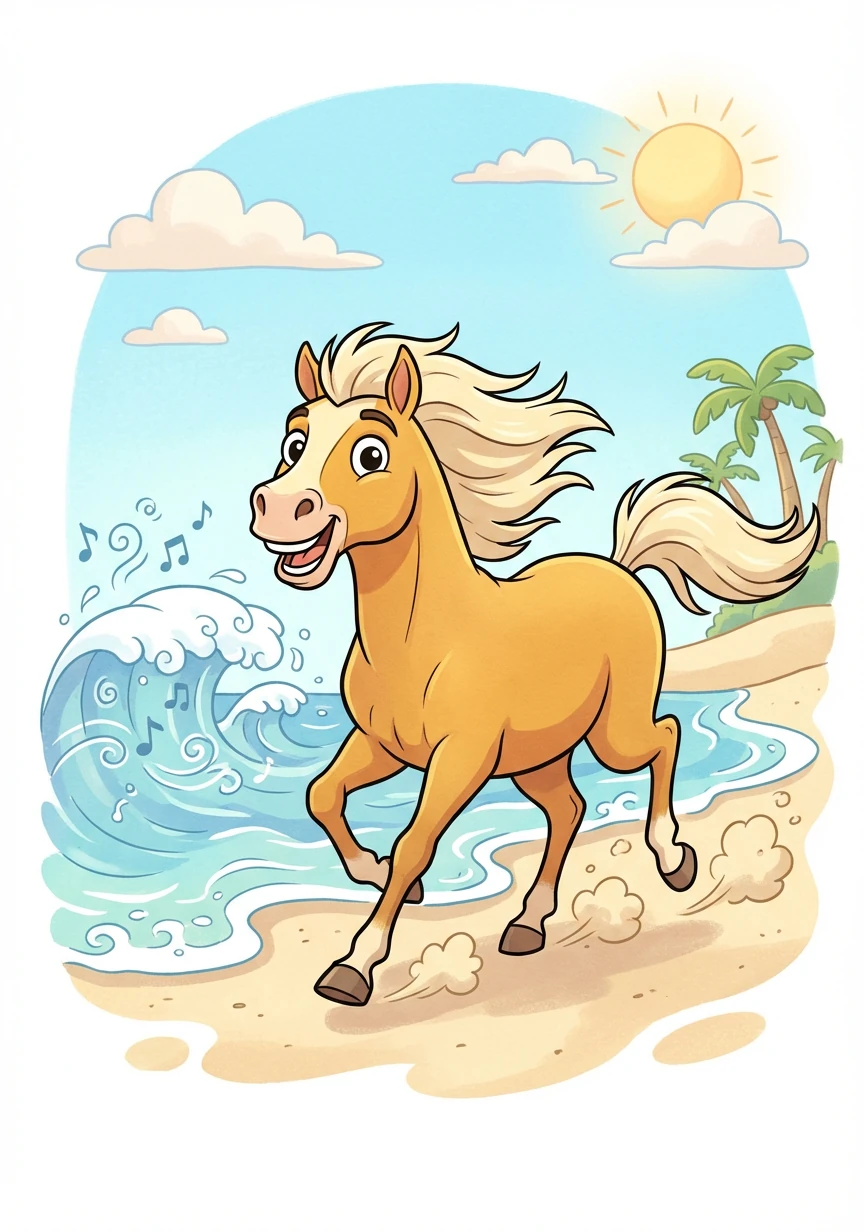 Arrivé sur le sable, Spirit se mit à galoper, le vent dans sa crinière. Les vagues chantaient une douce mélodie.