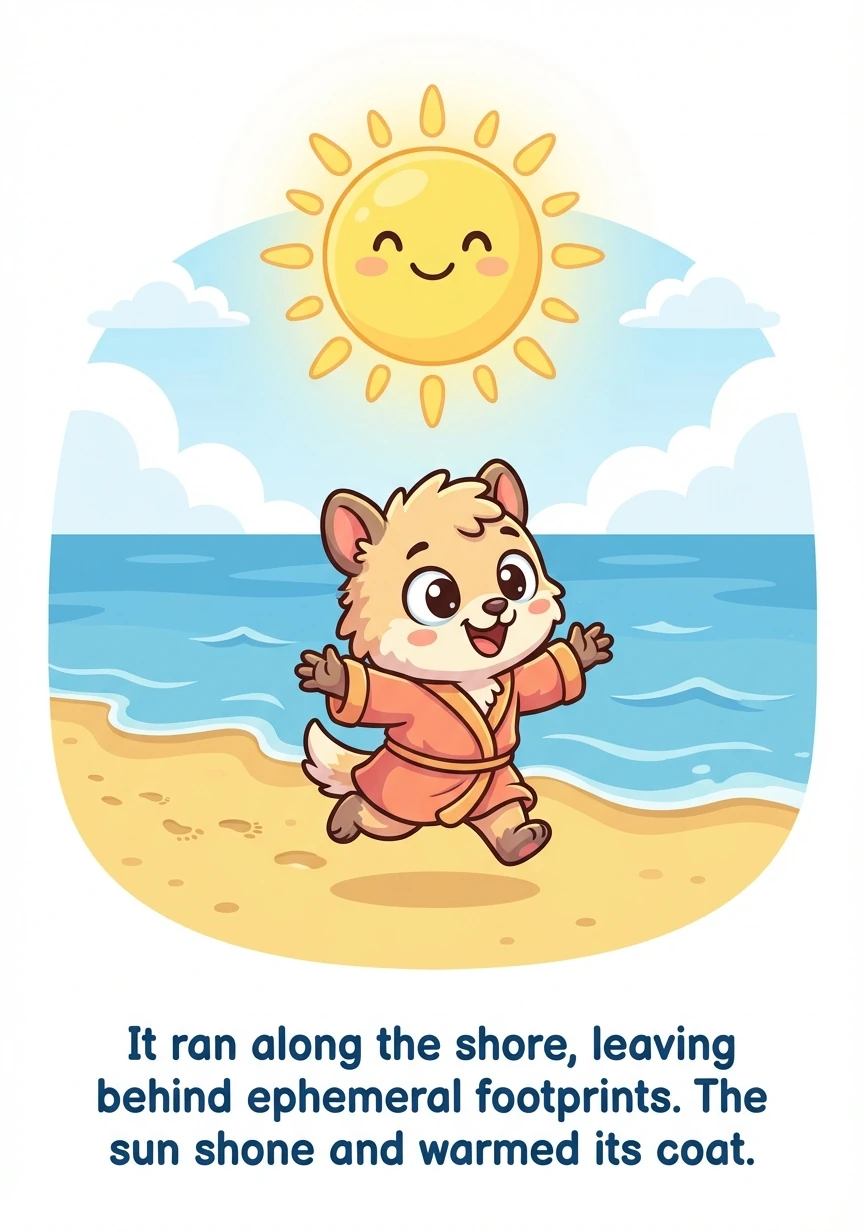 Il courut le long du rivage, laissant derrière lui des empreintes éphémères. Le soleil brillait et réchauffait sa robe.