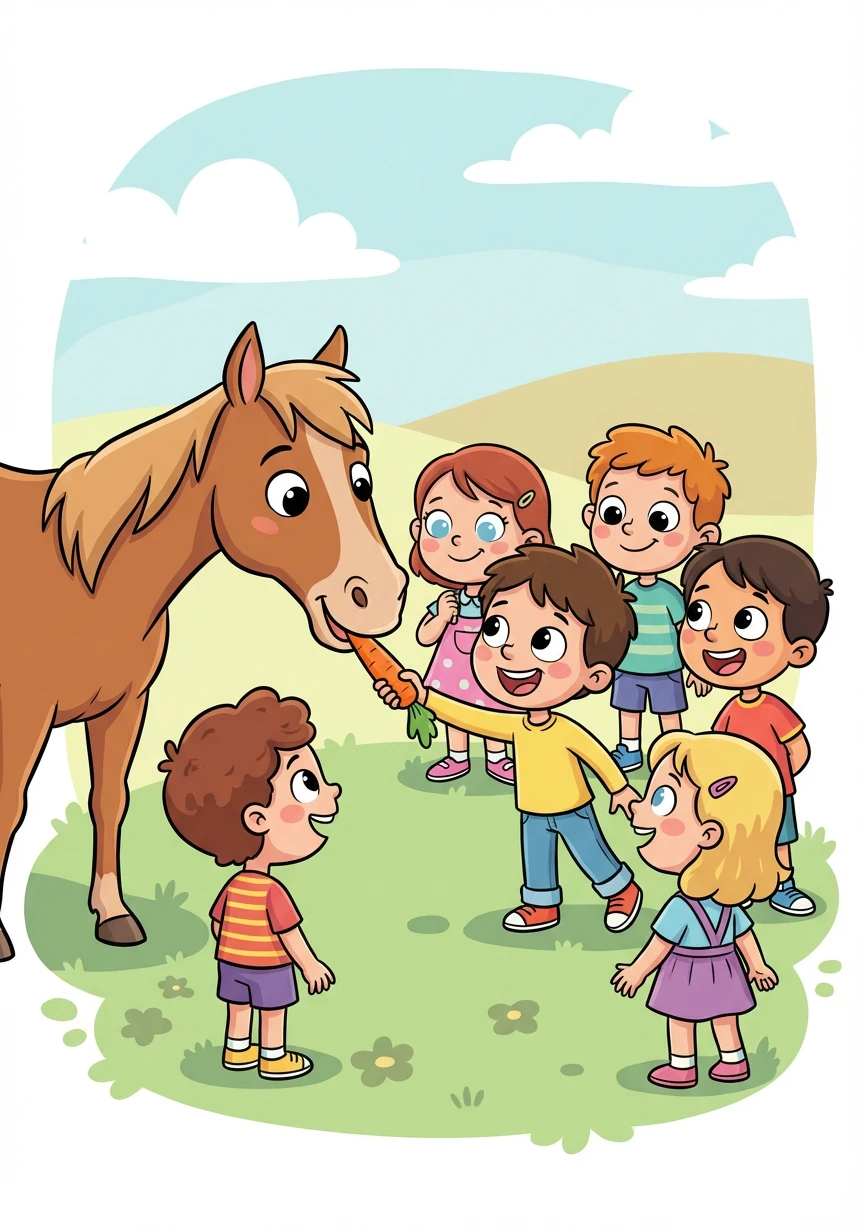 Les enfants lui sourirent et lui proposèrent une carotte. Spirit s'approcha timidement et la mangea avec plaisir.