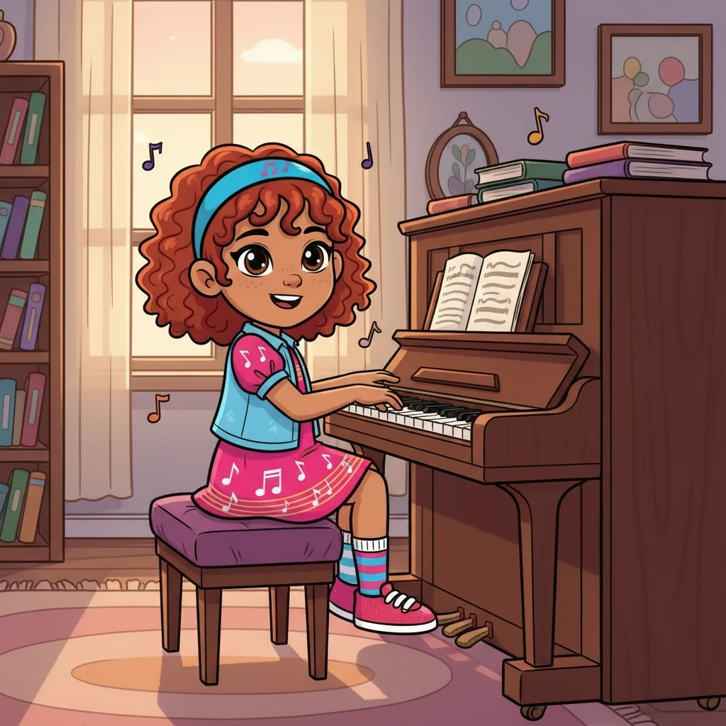Stefania, a young girl with bright eyes and a heart full of music, loved the piano more than anything. Her small hands danced across the keys, creating beautiful melodies that filled her cozy room. Every day, she would practice, her fingers growing stronger, her love for music ever deeper.